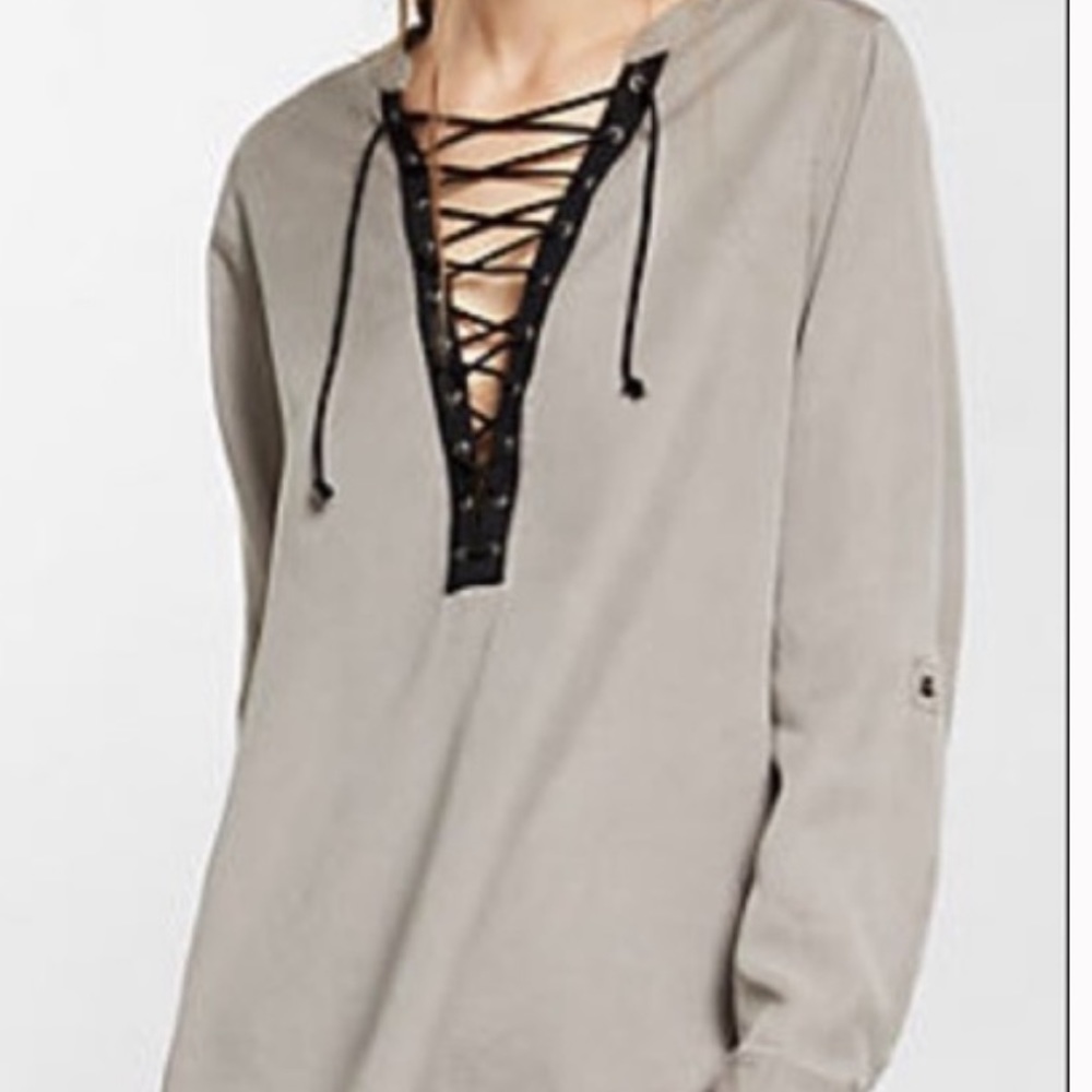 EXPRESS Grey Top w/ Black Cord Lace Up (Medium)